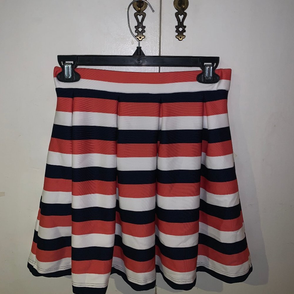 Navy, White, and Dusty Red Stripe Pleated Skirt
